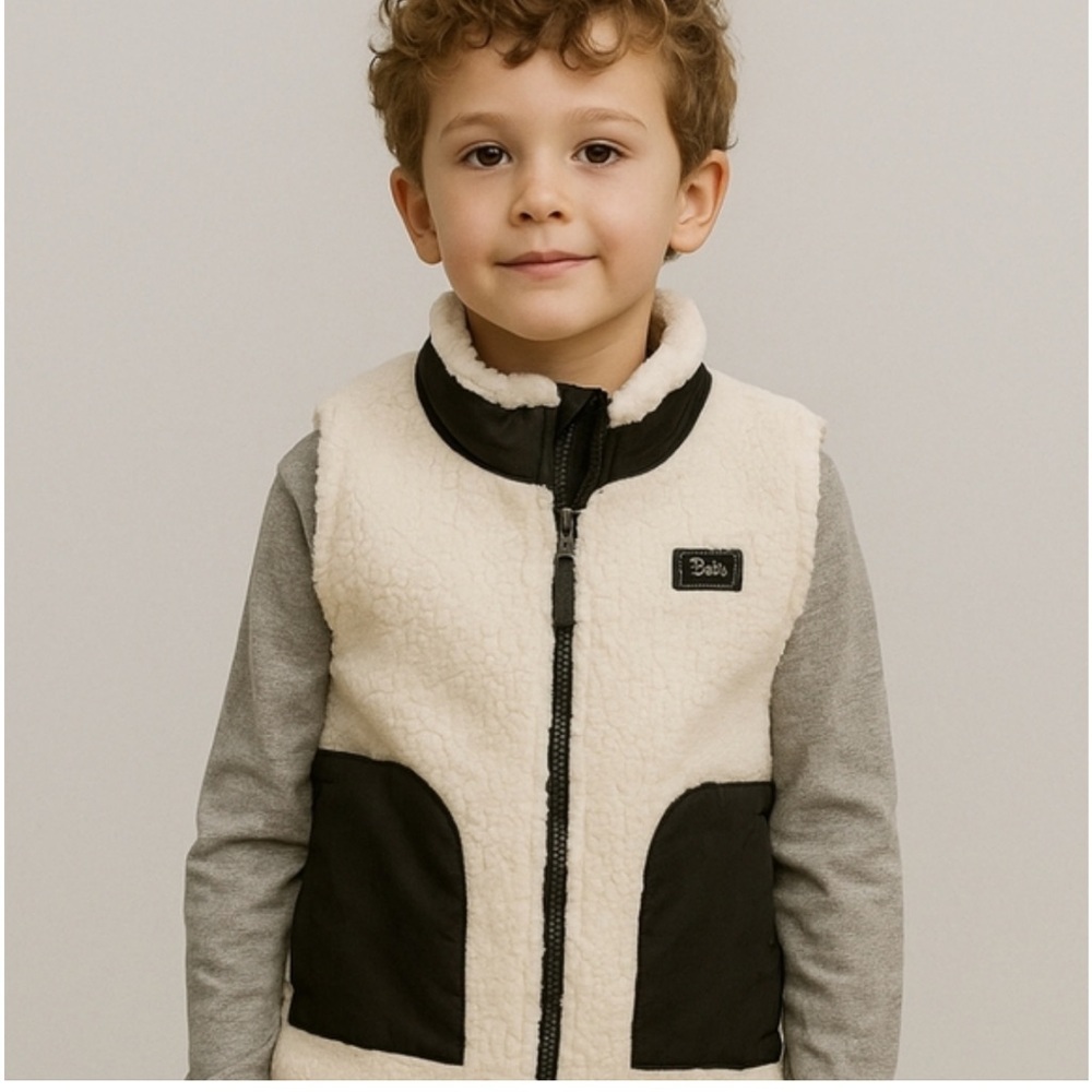 Bass Kids White Sherpa Vest with Black Pockets